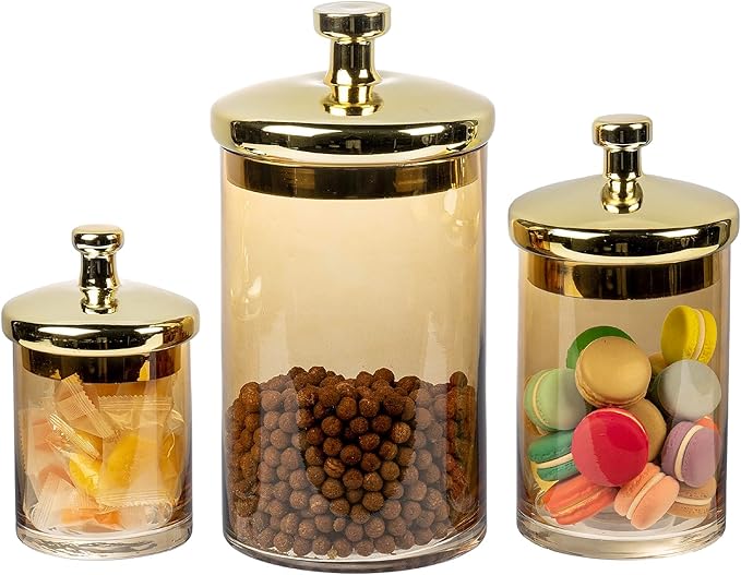 MyGift Glass Apothecary Jar Set with Brass Lids, Decorative Kitchen and Bathroom Storage Canisters, Wedding Centerpiece Jars, Candy Buffet Containers