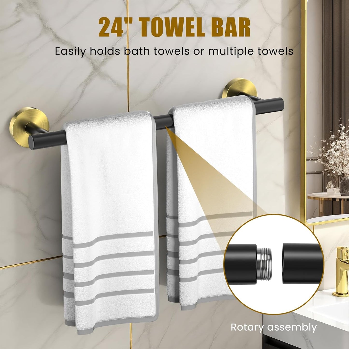 5 Pcs SUS304 Stainless Steel Bathroom Accessories Set, 24" Towel Bar, Round Towel Ring, Toilet Paper Holder, 2 Towel Hooks, Minimalist Design for All Styles Bathrooms (Black+Gold)