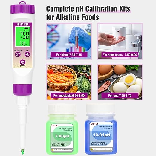 pH Meter Food Digital Electronic pH Tester for Fermentation 3*50ml pH Buffer Calibration Solution Kits Hot Sauce Food Tester Probe for Cheese Sourdough pH Temperature pH Test Strips for Acidity
