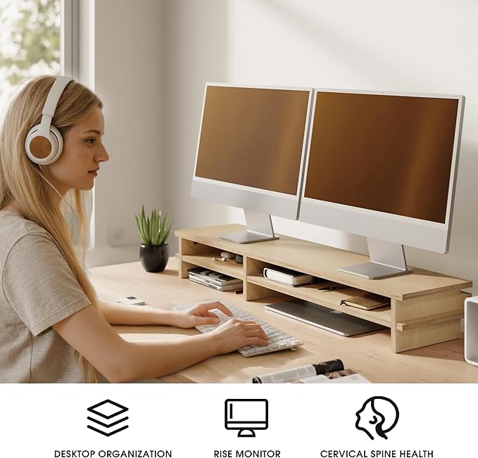 Fenge Dual Monitor Stand, 39.4in Wood Monitor Riser for 2 Monitors, 2 Tiers Desk Shelf with Cable Mangement for Top of Desk, Computer Stand for Laptop, PC, Printer