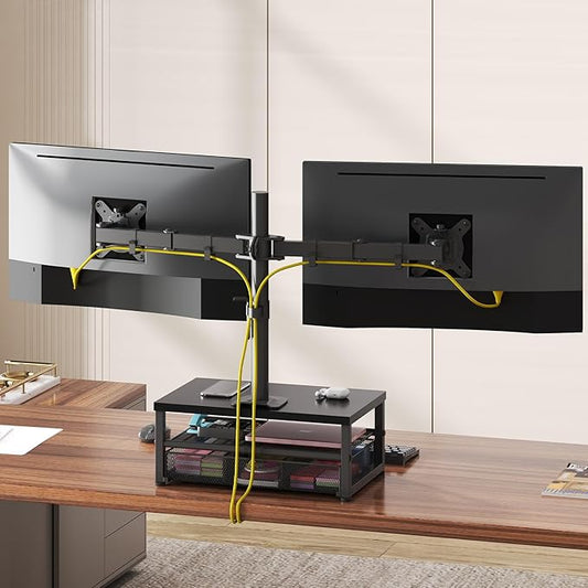 Dual Monitor Stand with Desk Organizer, Heavy Duty VESA Dual Monitor Arm Mount for 13″-27″ Computer Screens, Free-Standing Monitor Arms for Home Office/Gaming, Adjustable Height Angle, Loads 20Lbs/Arm