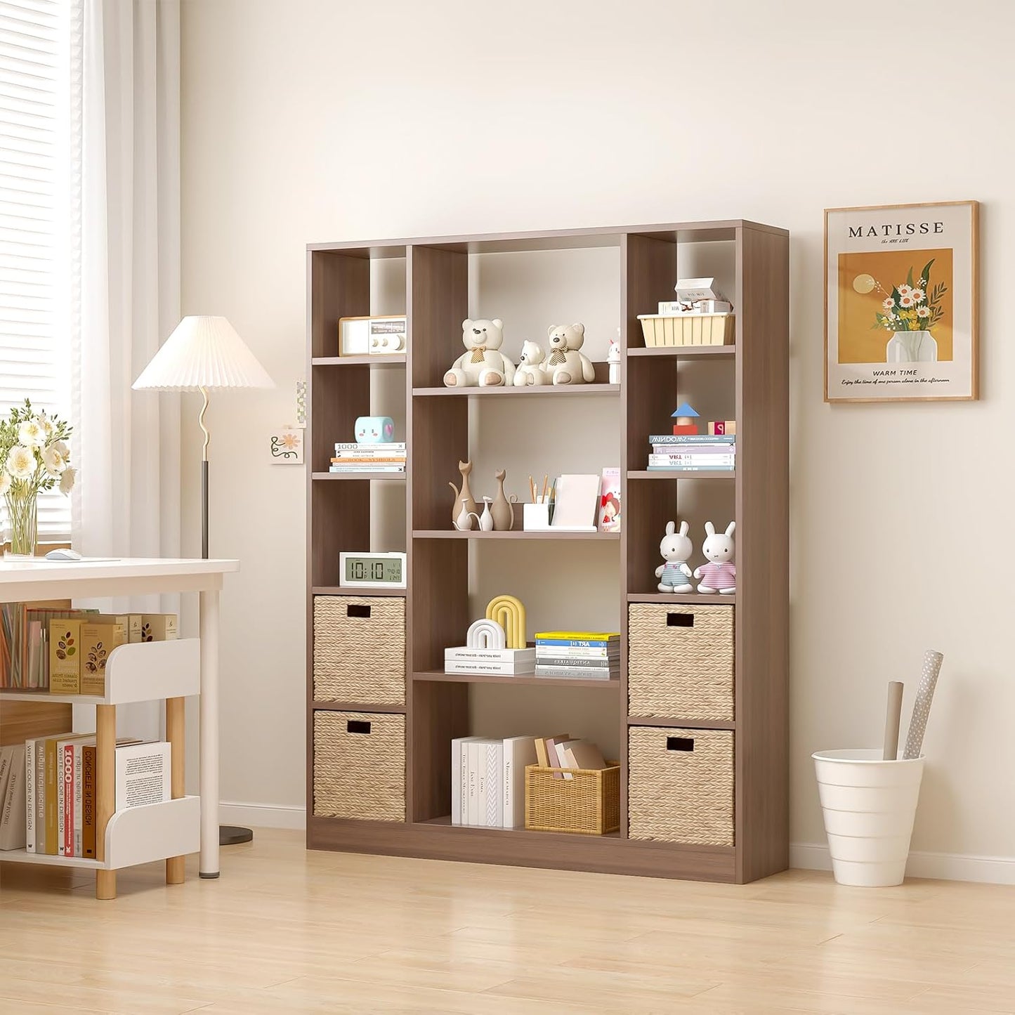 Cube Storage Bookcase with Base - Large Wooden Bookshelf with 10 Open Cubes and 4 Shelves for Home and Office, Freestanding Organizer, Walnut