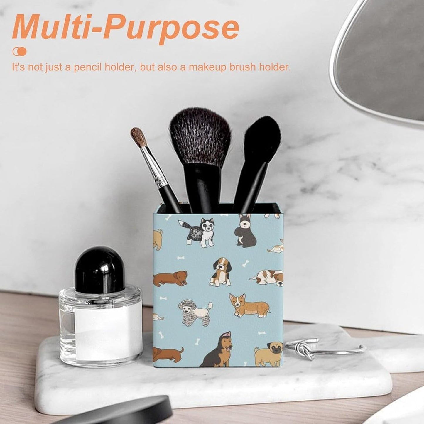Square Pen Holder & Pencil Organizer for Desk - Office Storage Organizer, Markers/Makeup Brushes/Scissors Holder, Compact Desk Decor Accessories for Home Classroom School(Doodle puppy dog)