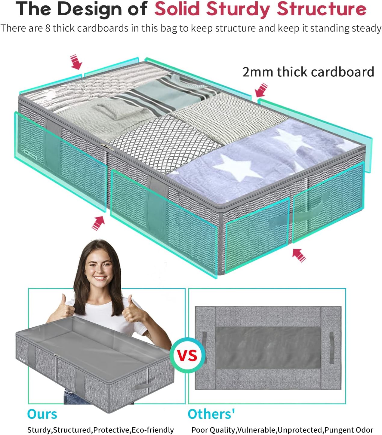 Onlyeasy Breathable Under Bed Storage Bags with 4 Reinforced Handles and Sturdy Side Wall, 2 Pack Eco-friendly Underbed Clothing Blankets Organizer with 2 Strong Zippers, Herringbone Grey, MXRUBBSS2P