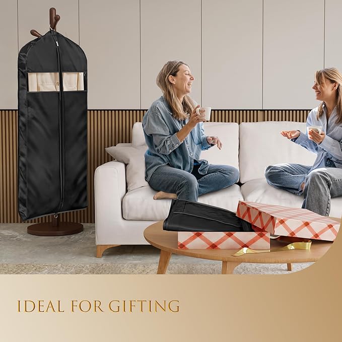 Univivi Super Soft Satin Garment Bags for Hanging Clothes, 60 Inch Zippered Dress Cover with Gussets, Breathable & Non-smell for Dresses, Coats, Jackets, Shirts, 2 Pack - Black