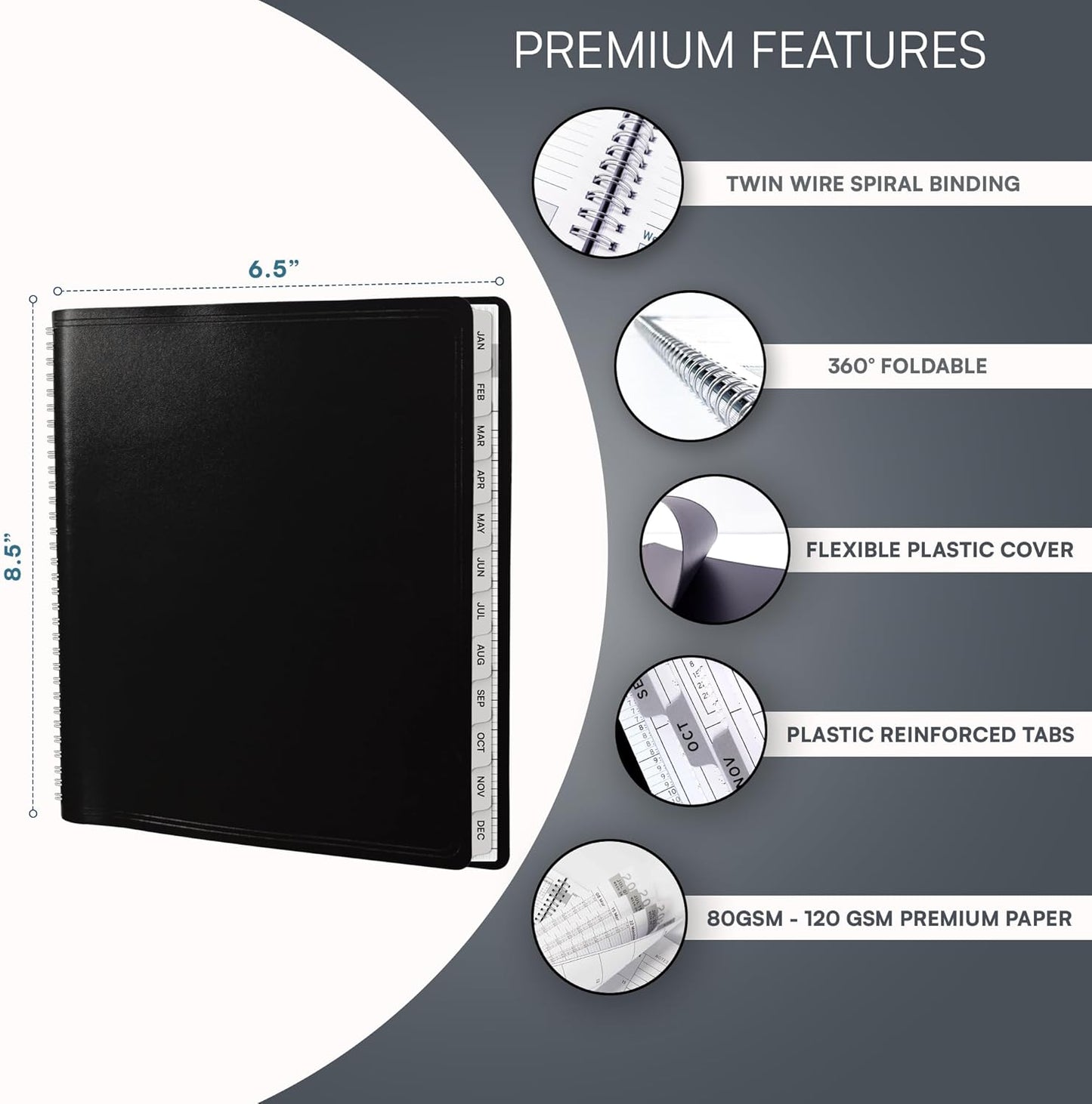 Ensight 2026 Appointment Book and Planner 6.5" x 8.5" Large Hourly Weekly Daily Schedule Book with Tabs, 30 Minute Time Slots, Black Calendar Organizer Jan 2026–Dec 2026 Appointment Planner - Black