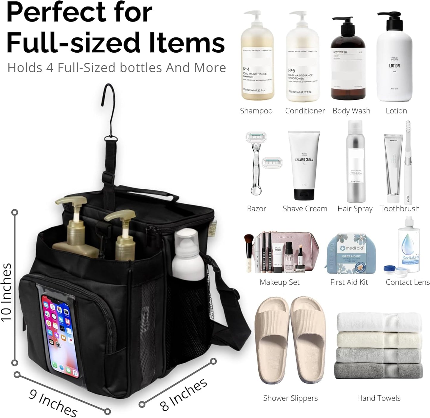 Portable XL Shower Caddy Bag - College Dorm Room Essentials for Men, Women, Students - Foldable, Water Resistant with Hanging Keychain Hook and Shoulder Strap Shower Organizer Bag (Black)