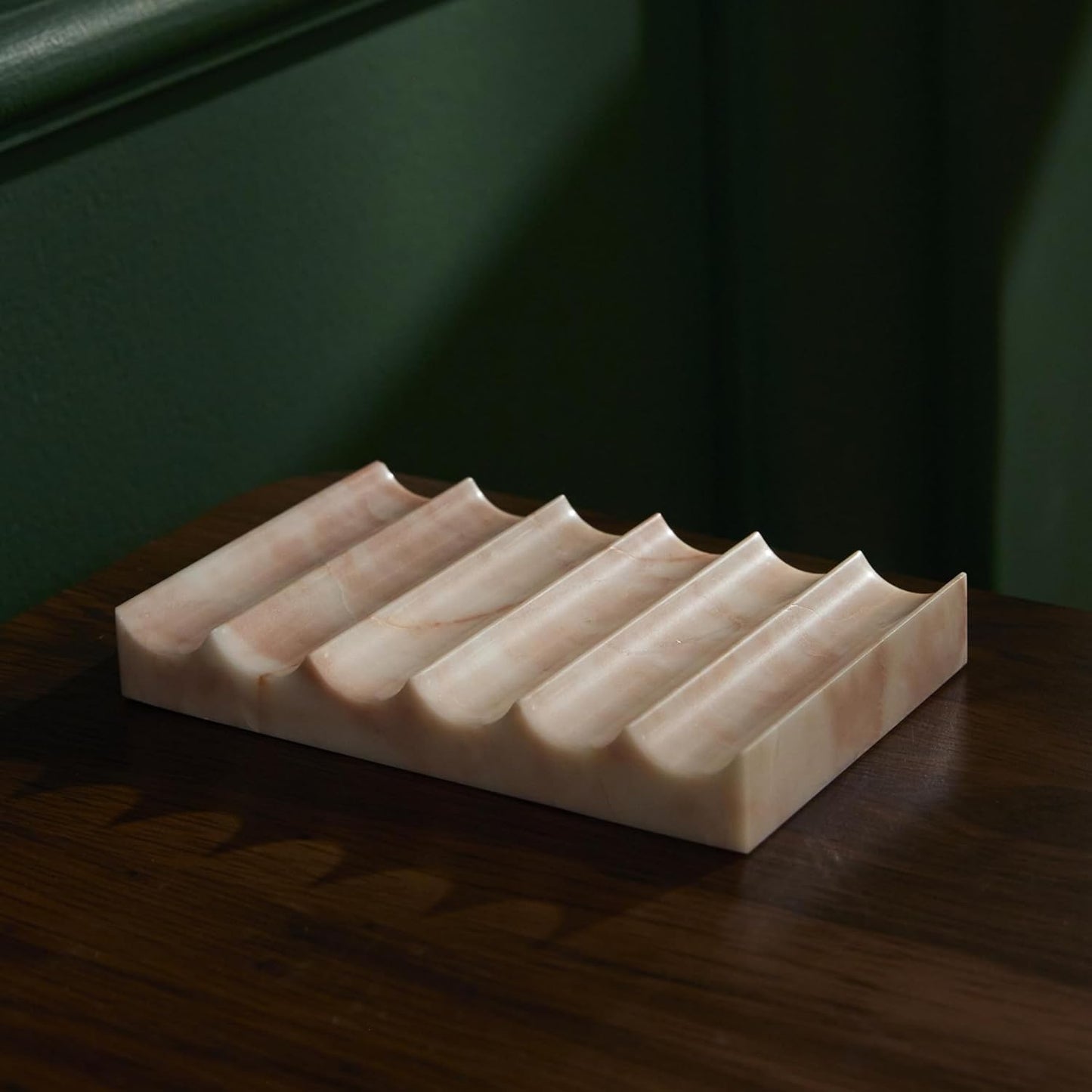 Luxurious Marble Soap Dish Jewelry Ring Tray - Rectangle Stone Soap Tray & Saver for Shower – Self Draining Soap Holder for Bathroom, Kitchen, Beige Travertine (Pink/Cream Rose)