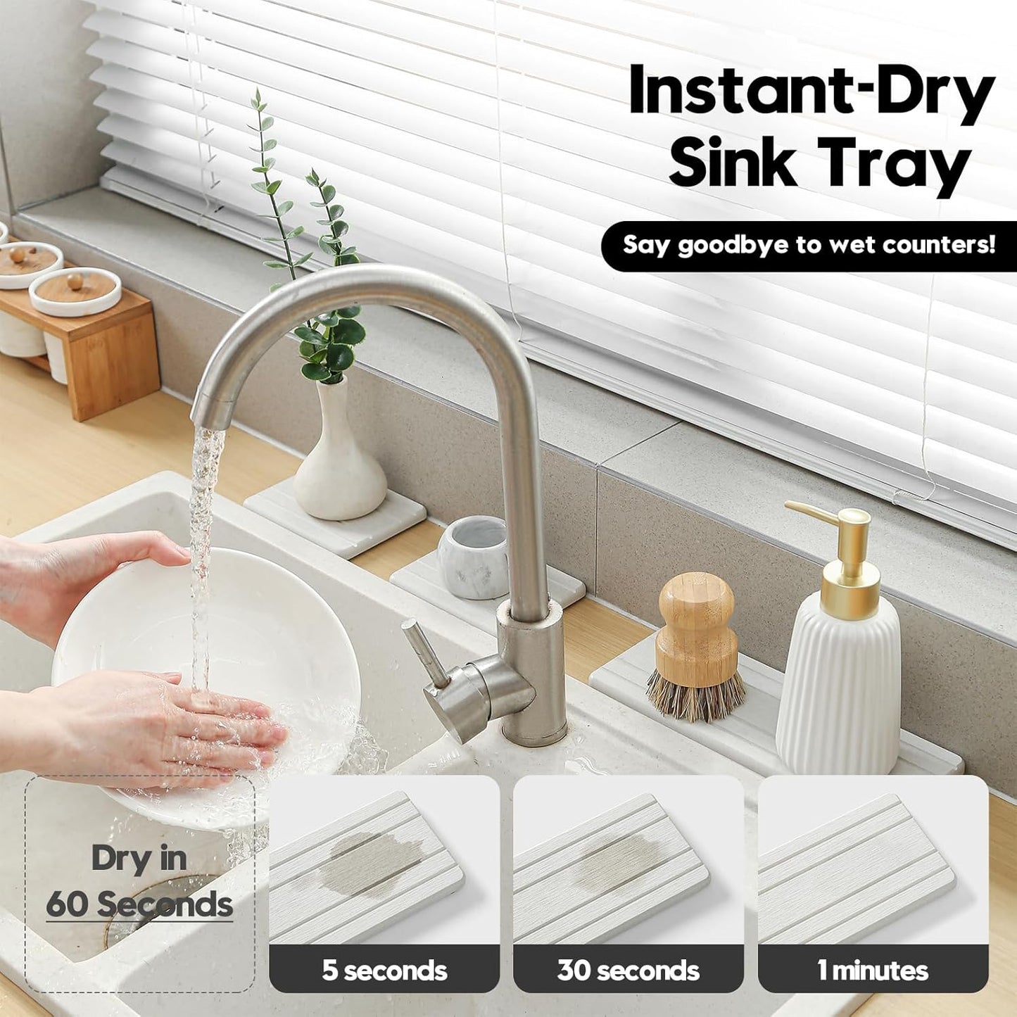 3 Pack Diatomite Stone Sink Tray, Water Absorbing Mat for Kitchen & Bathroom Counter, Quick Dry Soap Dish Makeup Vanity Caddy,Sponge Holder Organizer, Beige - 2pcs of 4.5"x 3.5" and 1pc of 9"x 3.5"