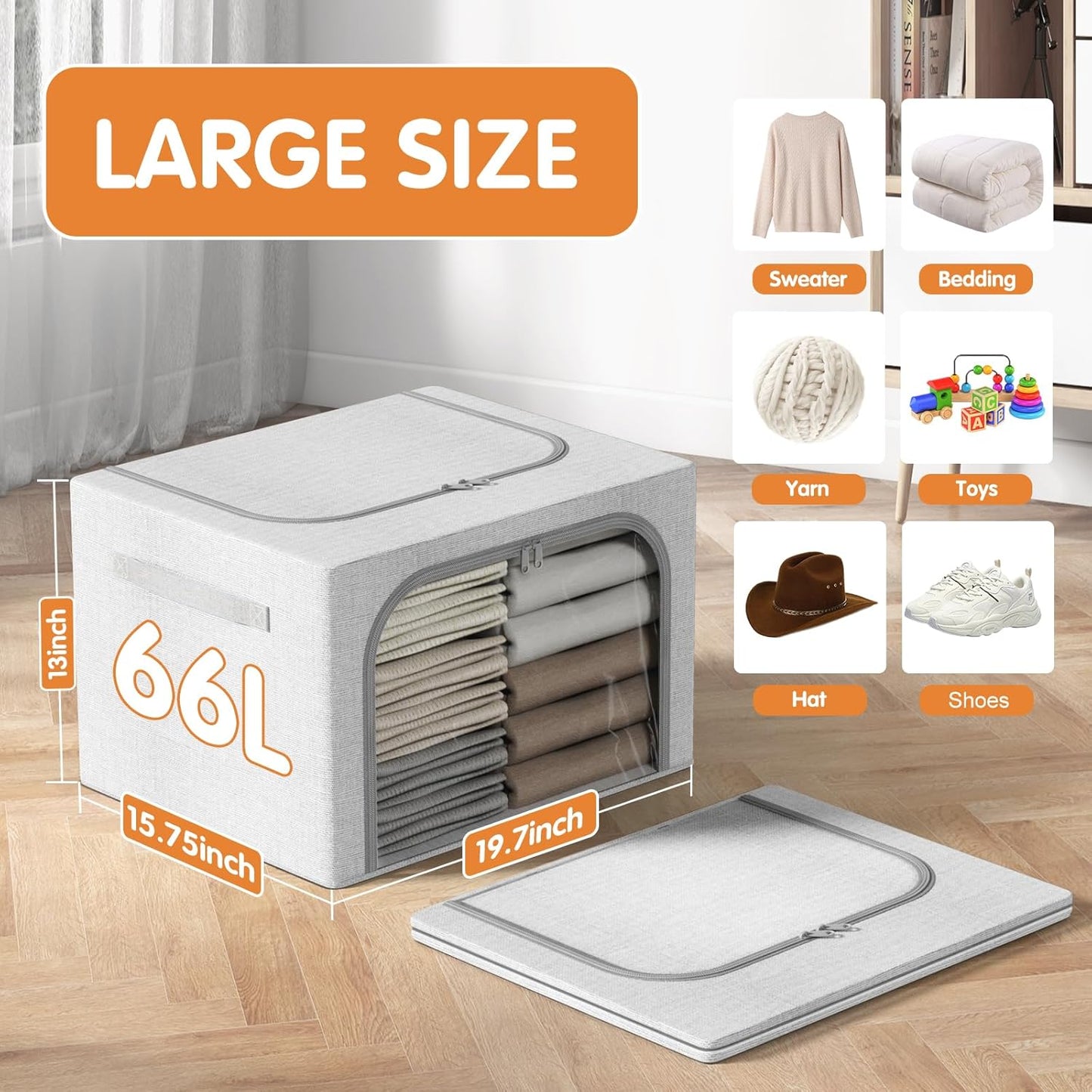 Large Size 66L 3 Pack Openings Clothes Storage Bins with Metal Frame, Stackable & Foldable Linen Storage Box with Lids, Closet Organizers, Blanket, Sweater, Baby Clothes (19.7x 15.75 x 13 Inches)