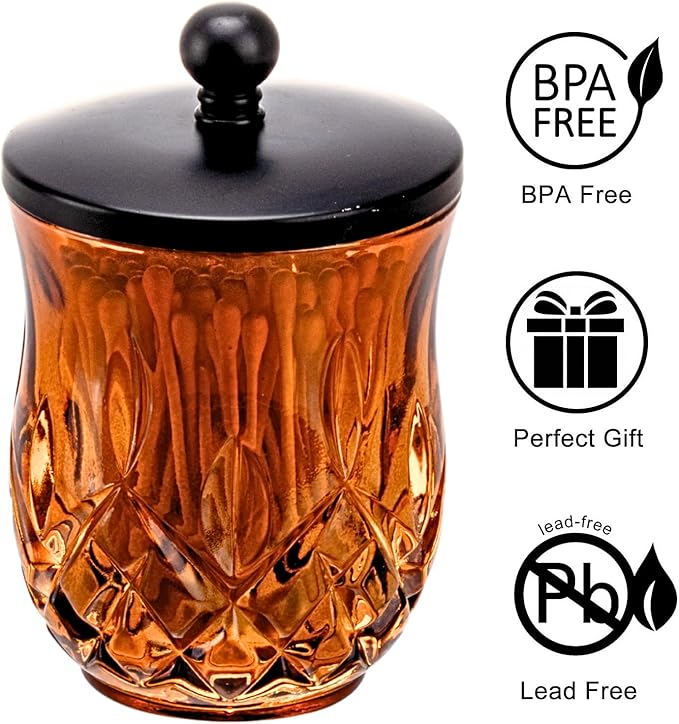 Qtip Holder,10 Oz Amber Glass Apothecary Jars with Matte Black Lids for Bathroom Organization & Desk Storage,Thick Glass Apothecary Jars for Q-Tips,Cotton Rounds, Jewelry,Candy,Round