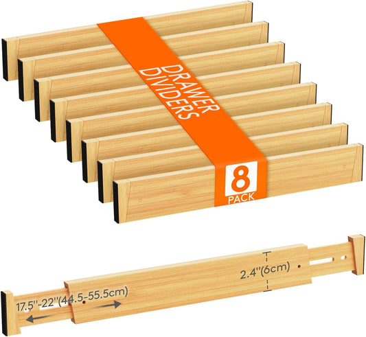 Lifewit 8 Pack Bamboo Drawer Dividers 2.4" High, 17.5-22" Kitchen Drawer Organizers, Adjustable Wooden Drawer Dividers for Clothes, Expandable Drawer Separators for Dresser, Bedroom, Bathroom, Cabinet