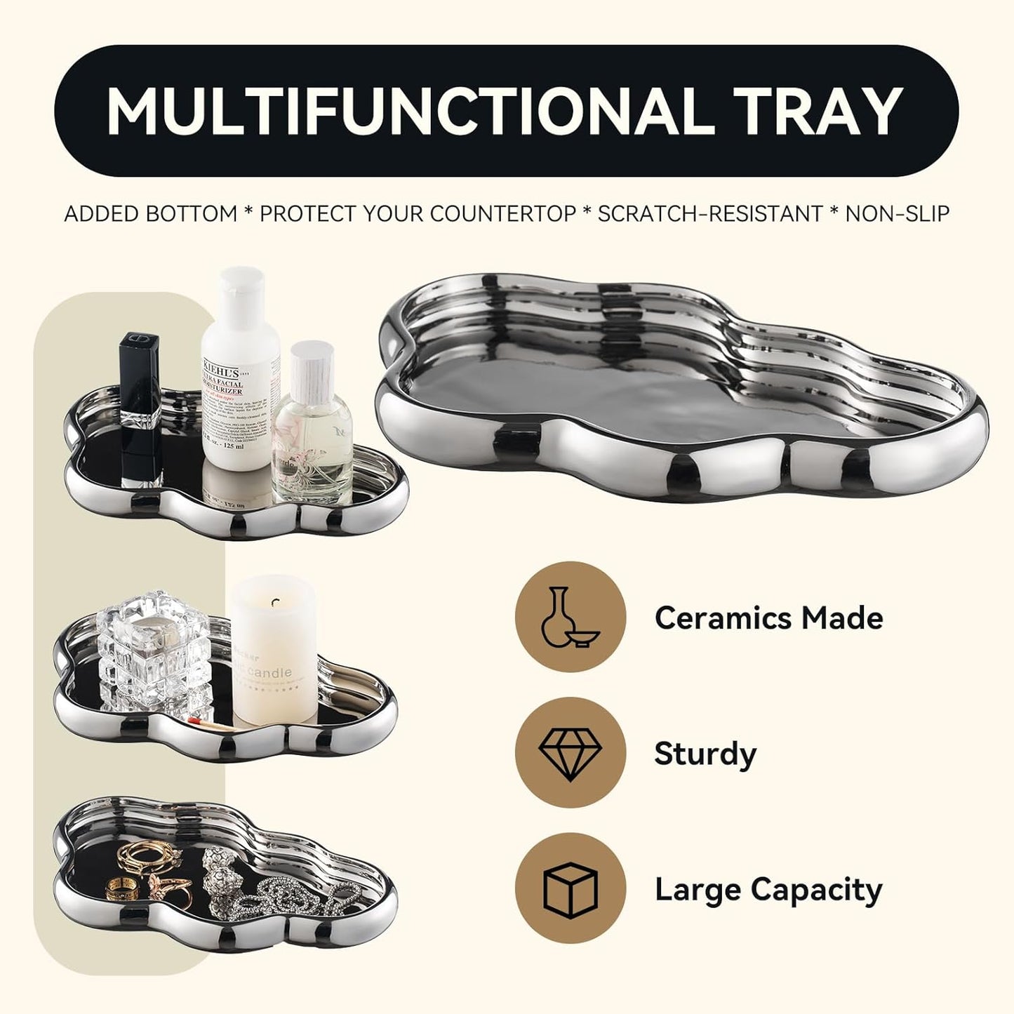 Silver Bathroom Accessory Set, 3-Piece Ceramic Bath Accessories Set with Tray, Lotion Dispenser, and Tumbler