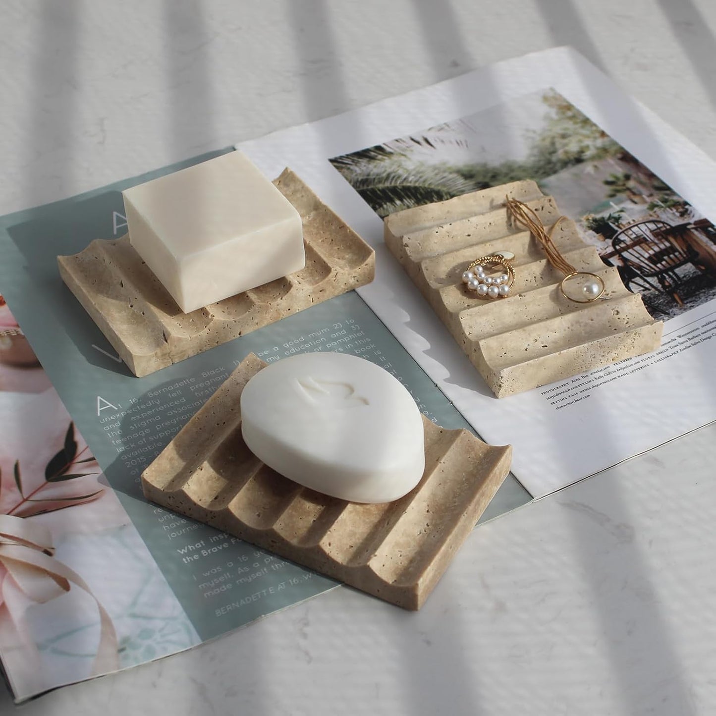 Luxury Beige Travertine Soap Dish, Jewelry Ring Dish, Sponge Holder for Bathroom Kitchen