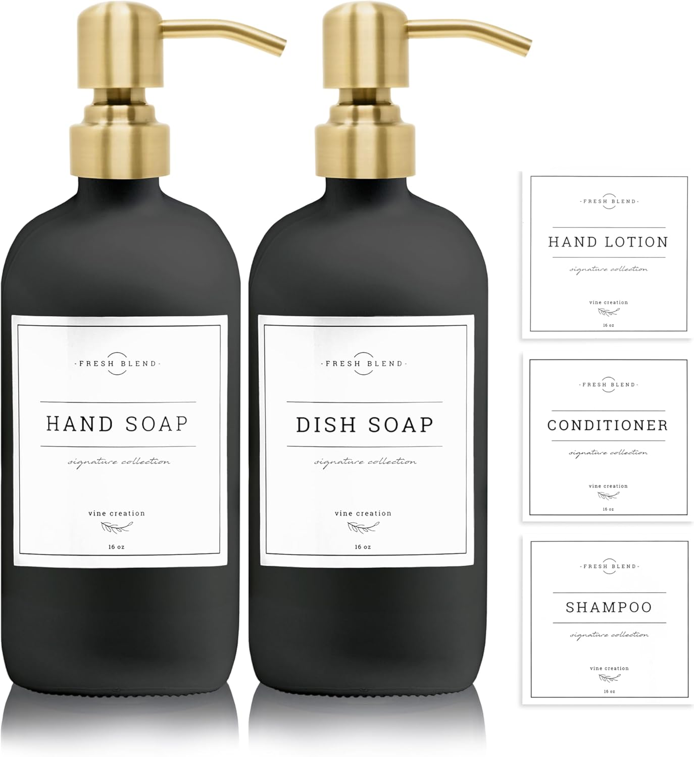Vine Creations Black Glass Soap Dispenser, 2 Pack Kitchen Soap Dispenser Set with Stainless Steel Pump, 16 oz Dish Soap and Hand Soap Dispensers for Bathroom with Waterproof Labels
