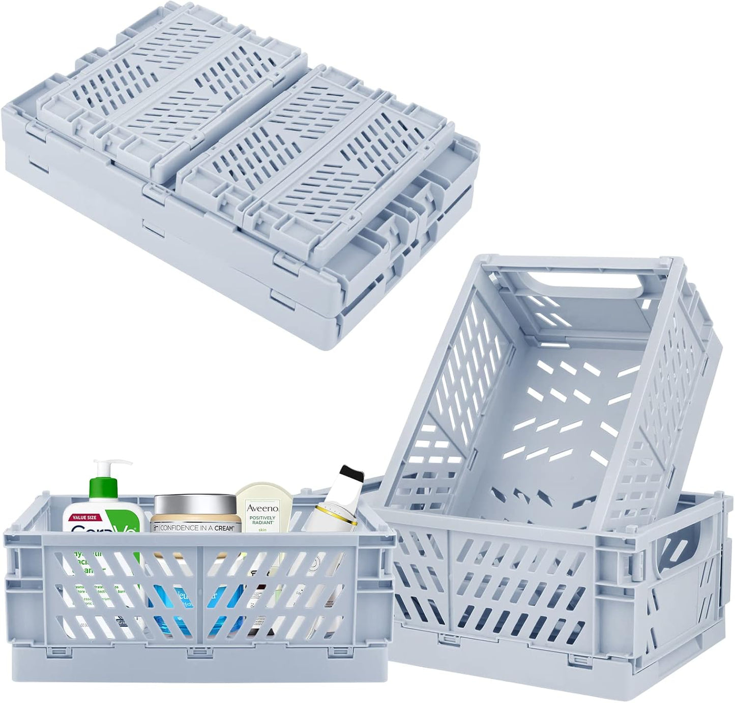 Plastic Storage Baskets for Desk Organizing, Office Drawer Organizer, 2 Medium+2 Small Durable Folding Storage Crate for Home Kitchen Classroom Office Bedroom and Bathroom Storage (Blue)