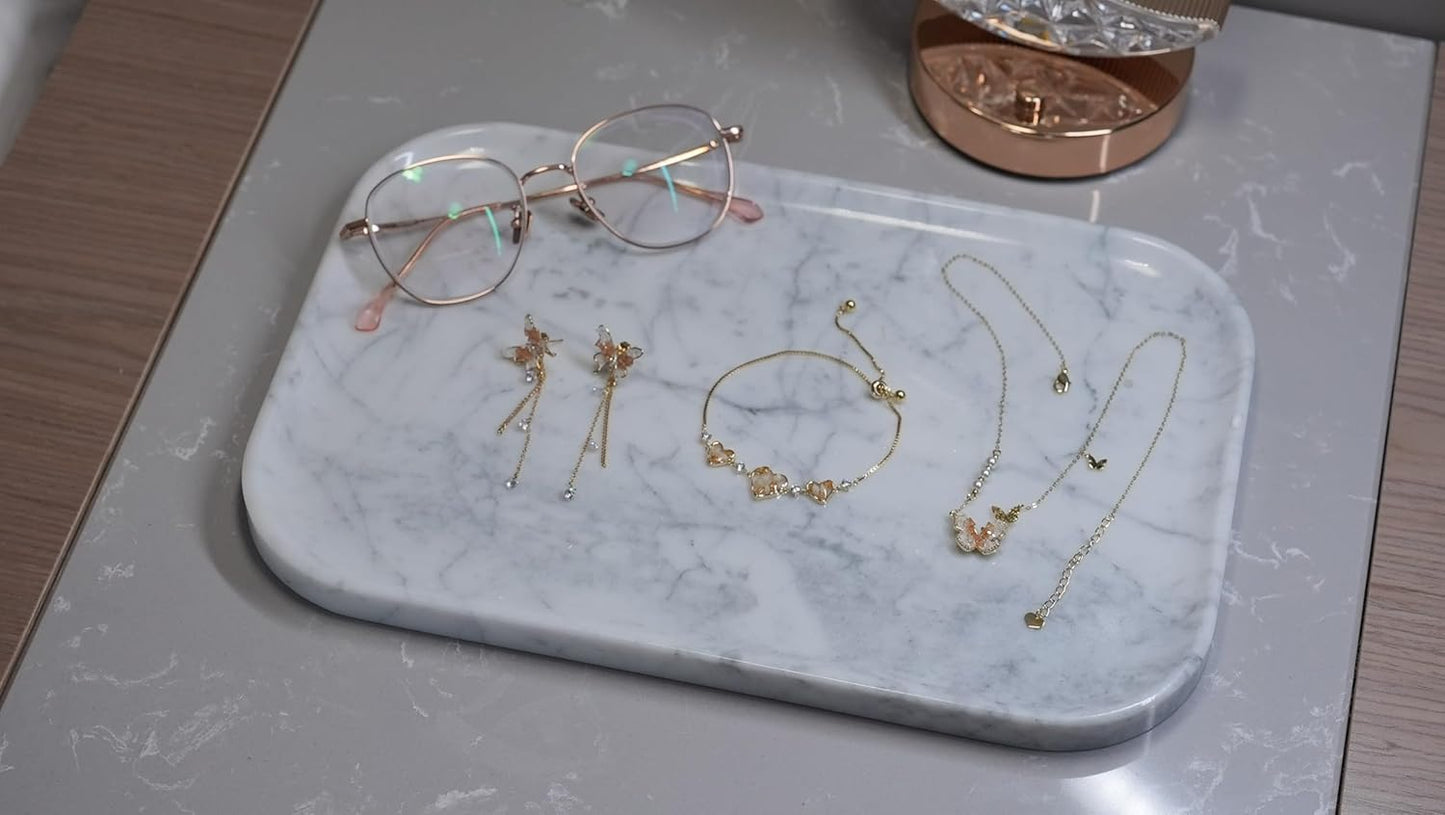 Carrara White Marble Bathroom Vanity Tray | Natural Stone Decorative Organizer | Multi-Use for Vanity, Spa, Kitchen, Bedroom | Waterproof & Non-Slip Design,11.8"x7.8"x0.6"