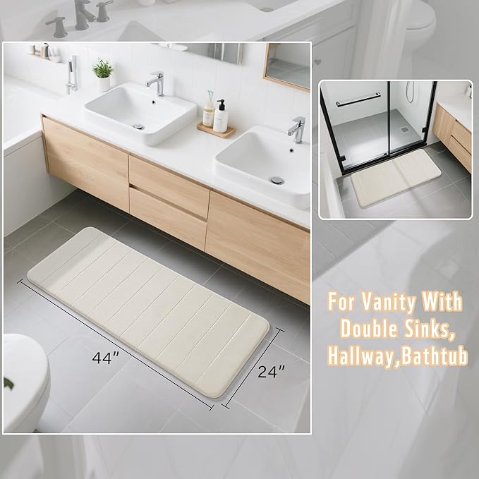 Yimobra Long Bath Mat 44"x24", Super Soft Quick Dry Memory Foam Bathroom Rug, Water Absorbent, Non Slip Backing Machine Washable for Tub Shower, Thick Comfort Support, Cream