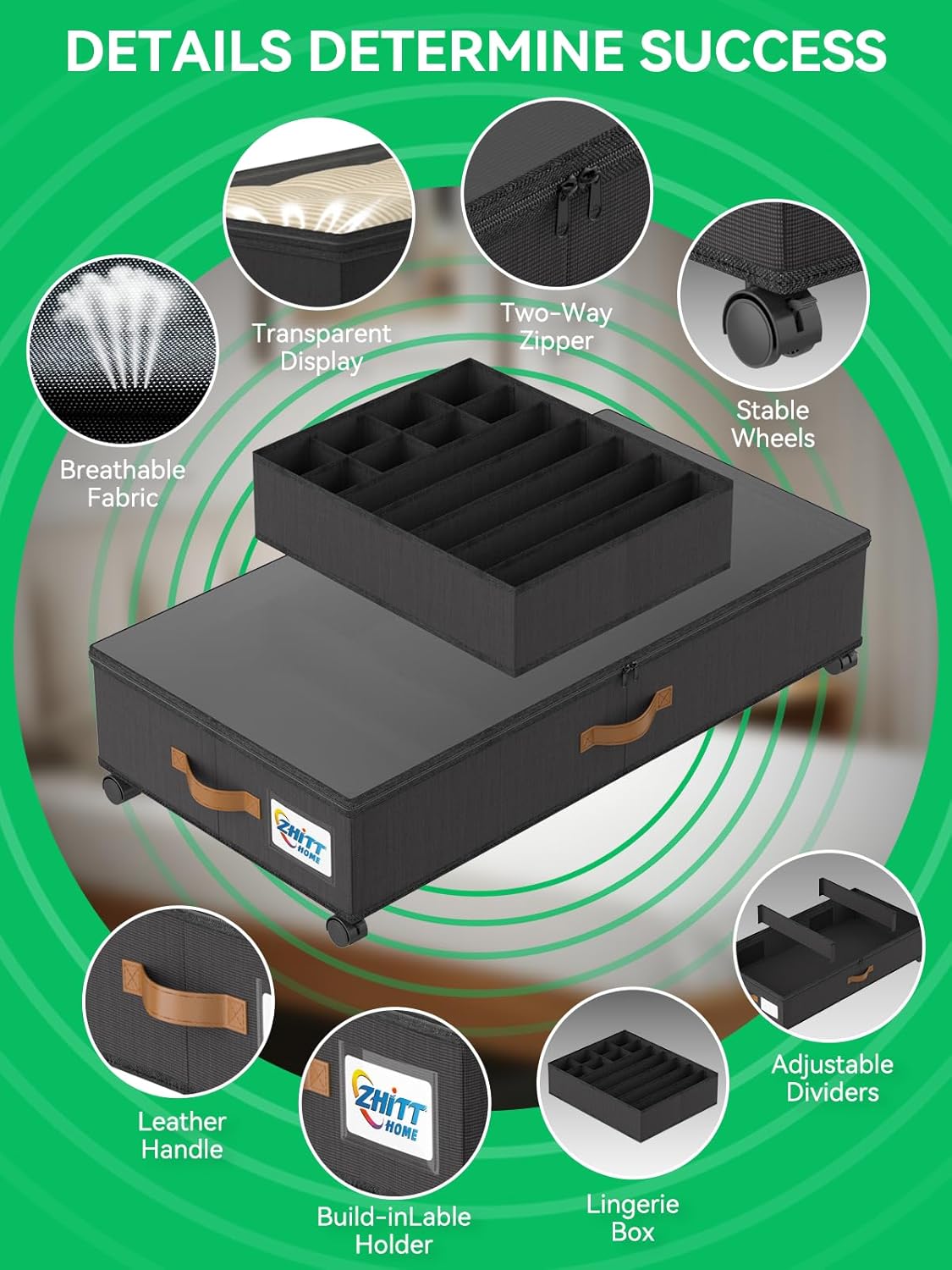 Under Bed Storage with Underwear Organizer Dividers, Scalable Under Bed Storage Containers with Wheels and Lids, 2Pack Underbed Storage Organizer Rolling Bins for Shoes Clothes