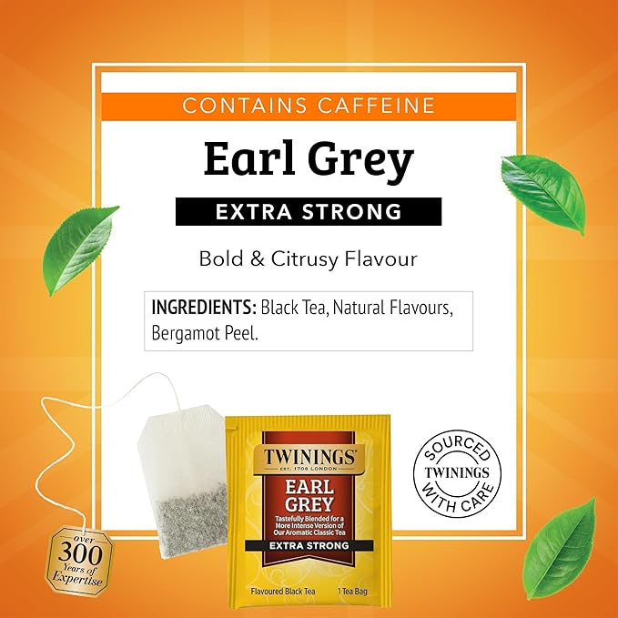 Twinings Earl Grey Extra Strong Black Tea Individually Wrapped Bags, 20 Count (Pack of 6), Flavoured with Citrus and Bergamot, Caffeinated, Enjoy Hot or Iced, 120 Teabags