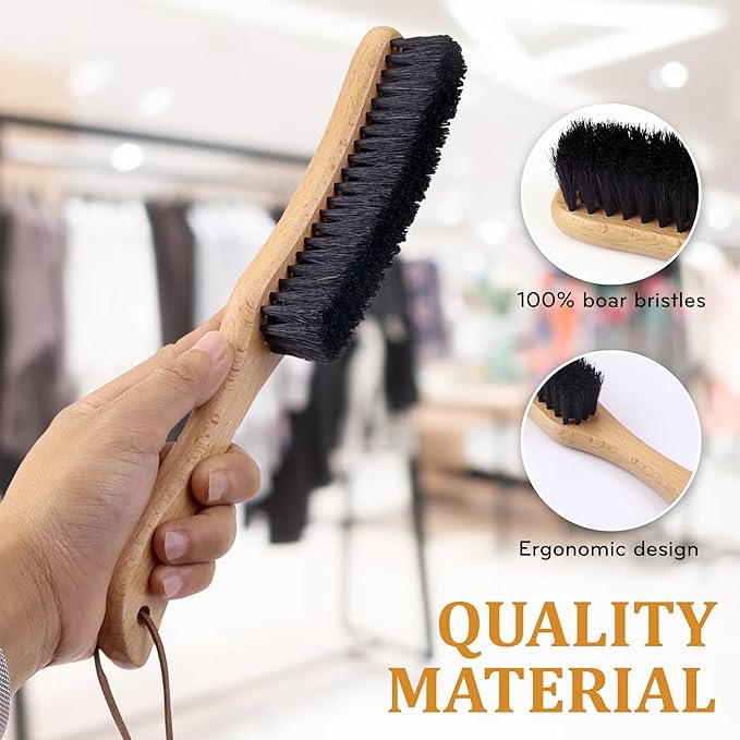 TAKAVU Clothes Brush Hat Brush, Black Boar Bristle Lint Brush with Large Beech Wood Handle - Perfect for Pet Hair, Suits, Velvet, Cashmere, Wool, Suede, Shoe - Effective Lint Remover