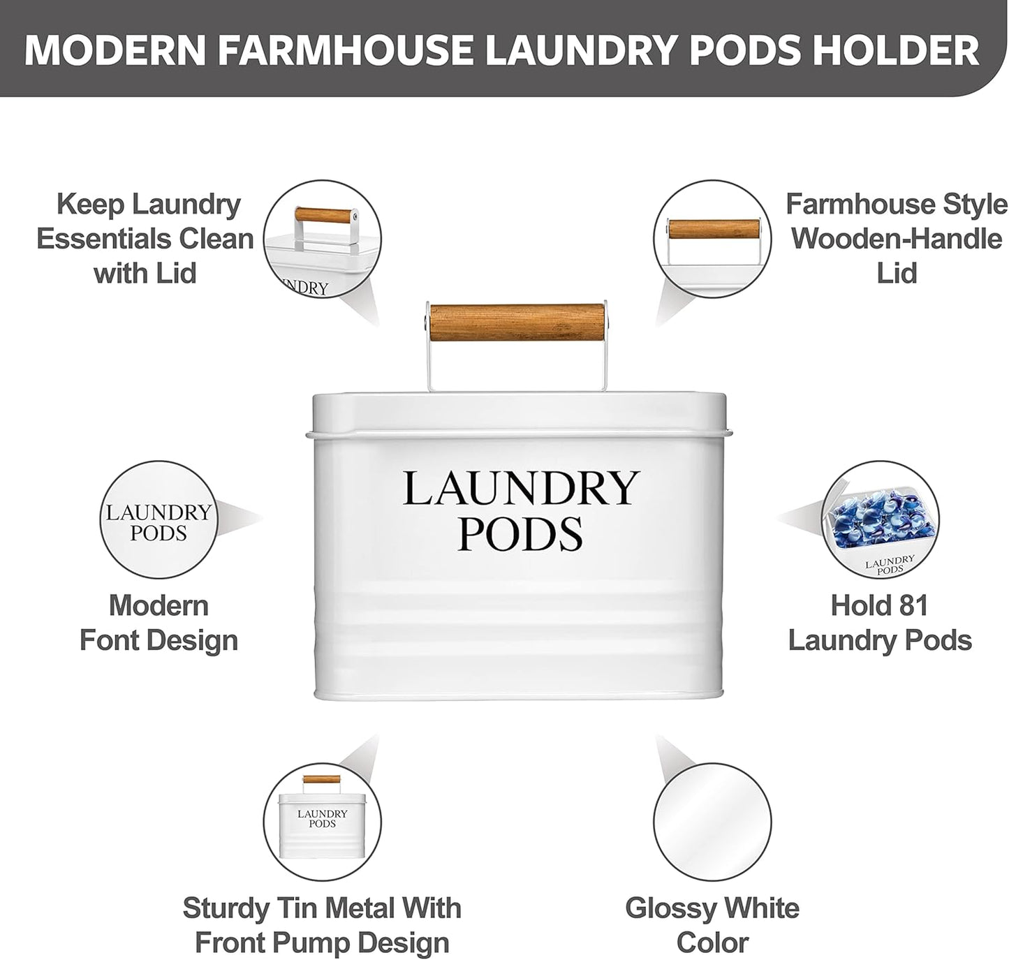 Calindiana Modern Farmhouse Metal Laundry Pods Holder Container with Lid for Laundry Room Decor and Accessories and Space Saving Organization and Storage, Holds 81 Laundry Pods, White