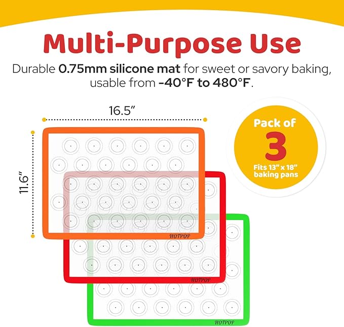 HOTPOP Silicone Baking Mats 0.75mm, Non-Stick Macaron Silicone Baking Mats - Silicone Sheet for Bake Pans and Rolling with Outlines for Pastries (3 HALF SIZE)