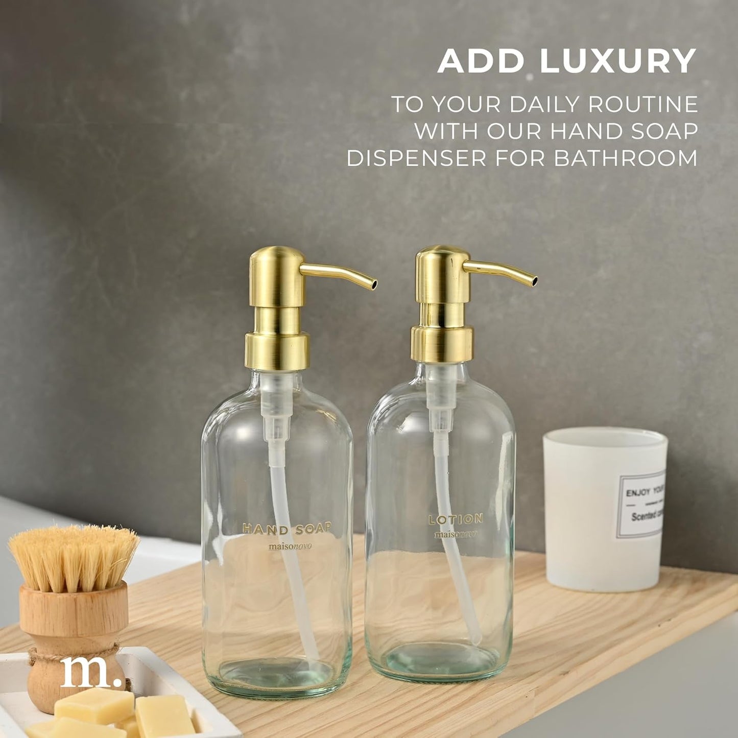 MaisoNovo Soap Dispenser 2-Piece Set | 16.9oz Clear Bottles with Gold Stainless Steel Pump