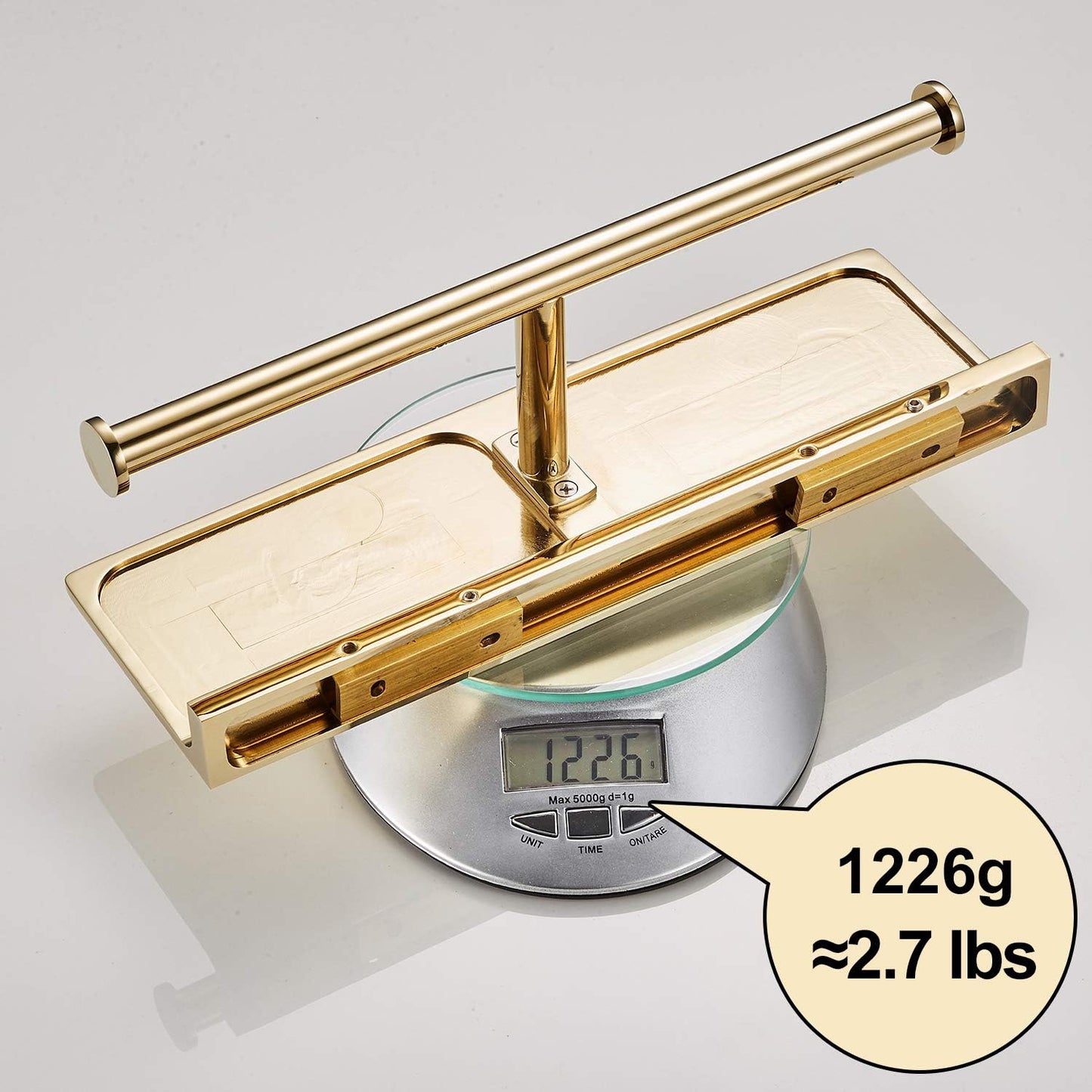 Double Roll Toilet Paper Holder with Shelf Solid Brass and Superior Hotel Style Tissue Dispenser Spared Storage Polished Gold Finish