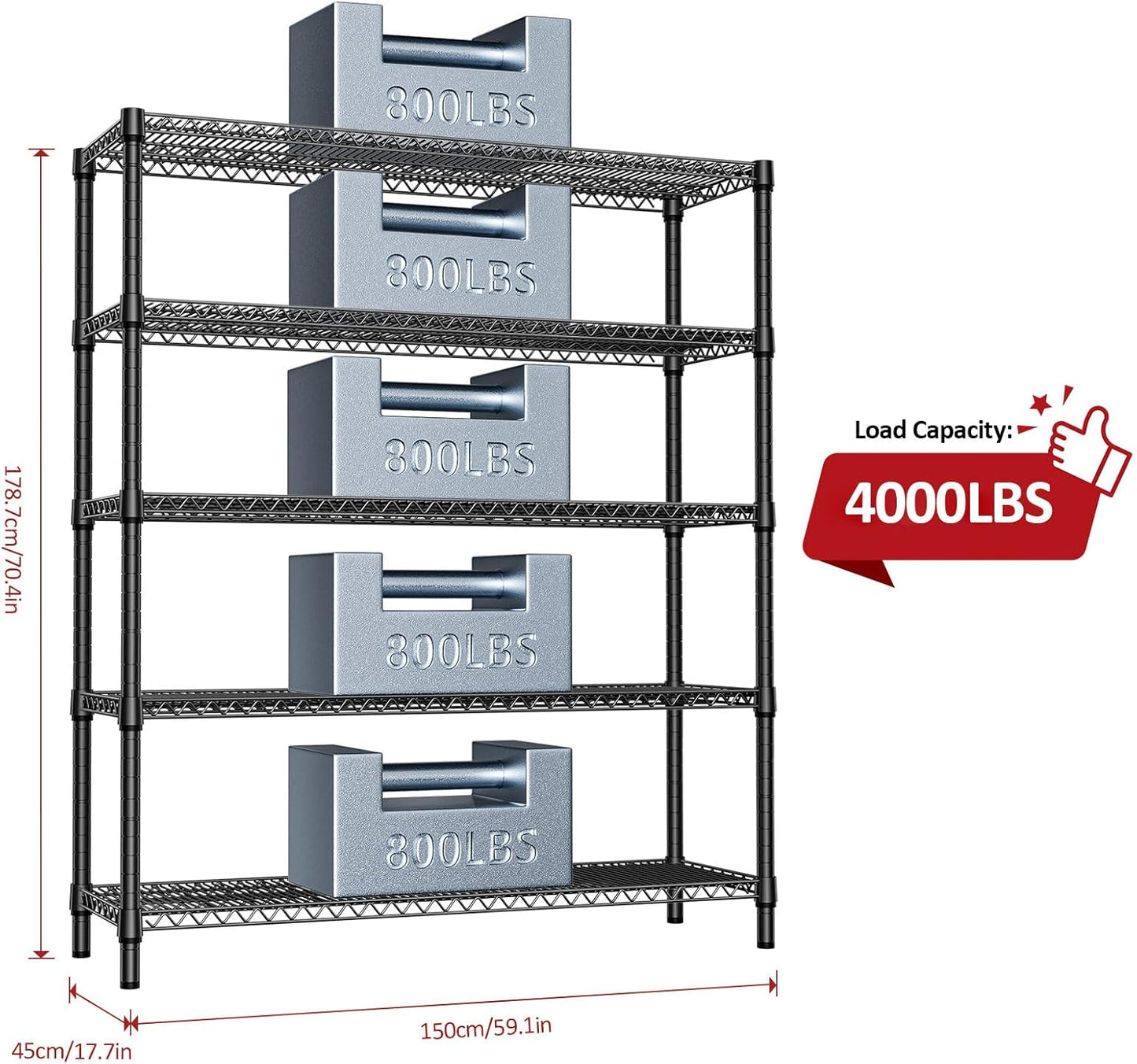 IZEUK 5-Tier Adjustable Heavy Duty Metal Storage Shelving Unit, Wide Utility Rack Organizer for Garage, Basement, Kitchen, Office, Warehouse (Black, 17.7" D x 59.1" W x 70.9" H)