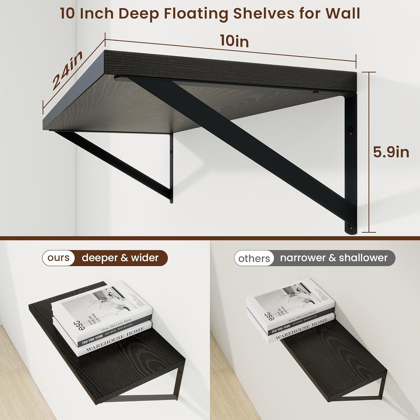 Axeman Black Floating Shelves for Wall - 24 Inch Wide x 10 Inch Deep Floating Shelves Set of 2 -Black Wide Wall Shelves for Living Room Bathroom Bedroom