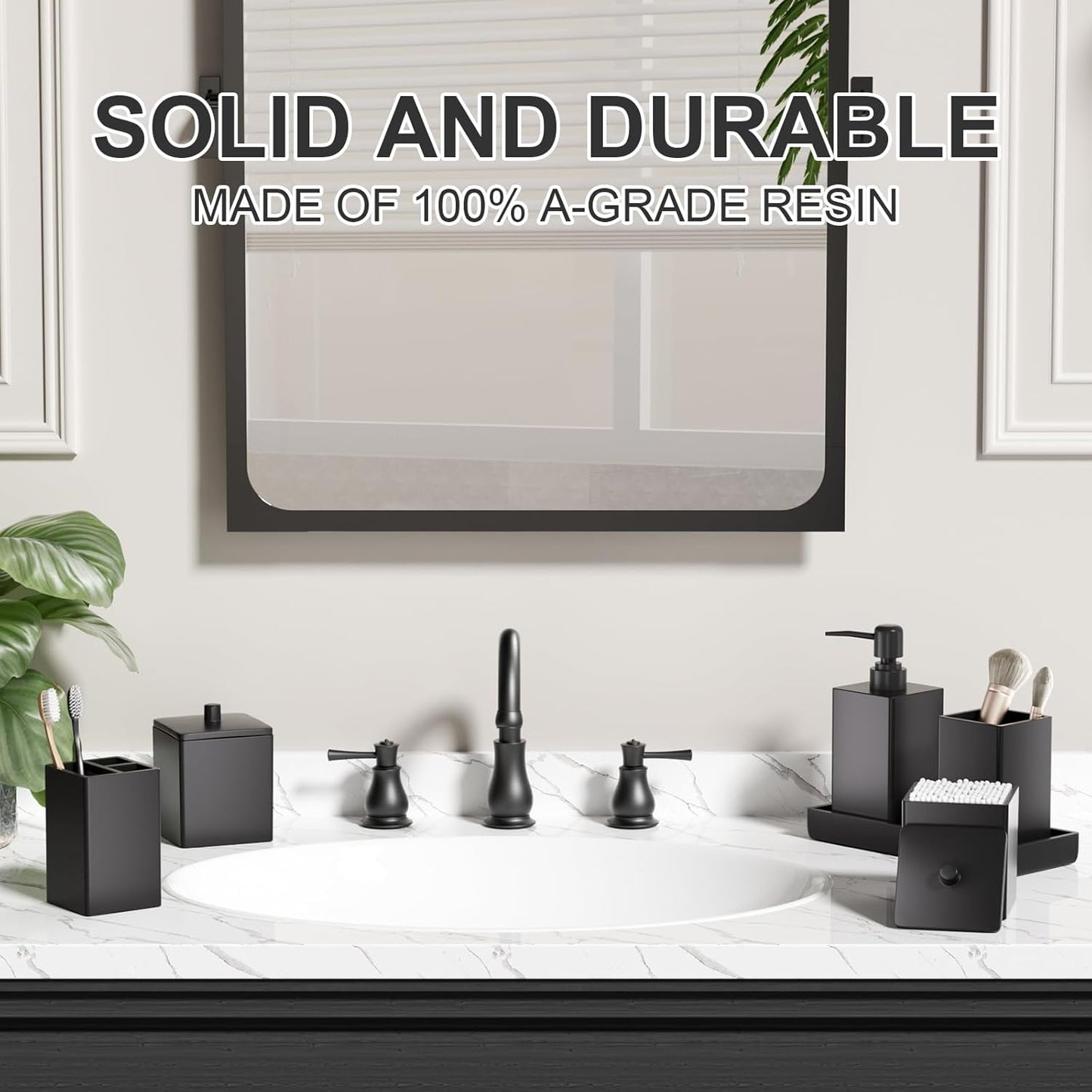 Black Bathroom Accessories Set Resin 6PCS, Square Toothbrush Holders Set Complete with Soap Dispenser, Vanity Tray, Tumbler, Cups and Cotton Swab Jars for Counter, Sink or Small Spaces
