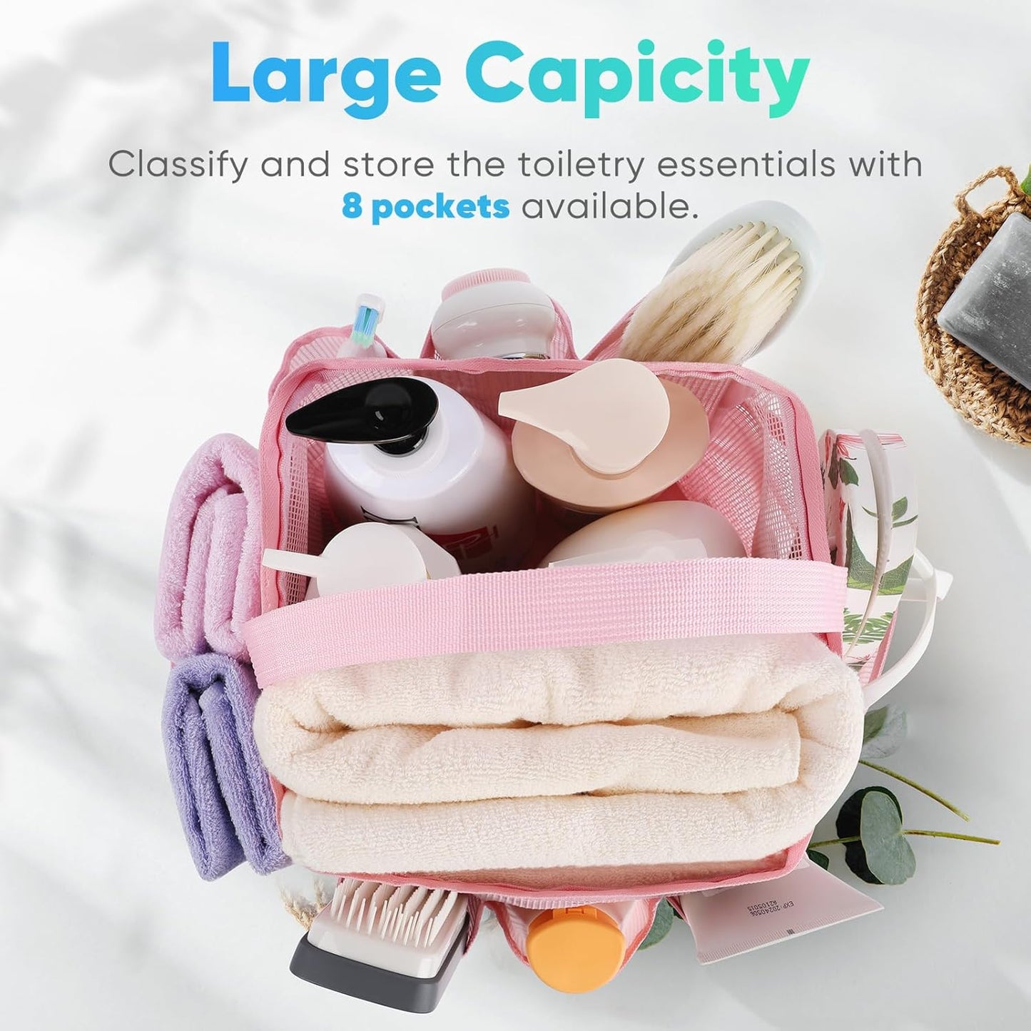 EUDELE Mesh Shower Caddy Portable for College Dorm Room Essentials,Portable Shower Caddy Dorm with 8-Pocket Large Capacity, Shower Bag for Beach, Swimming, Gym-Pink