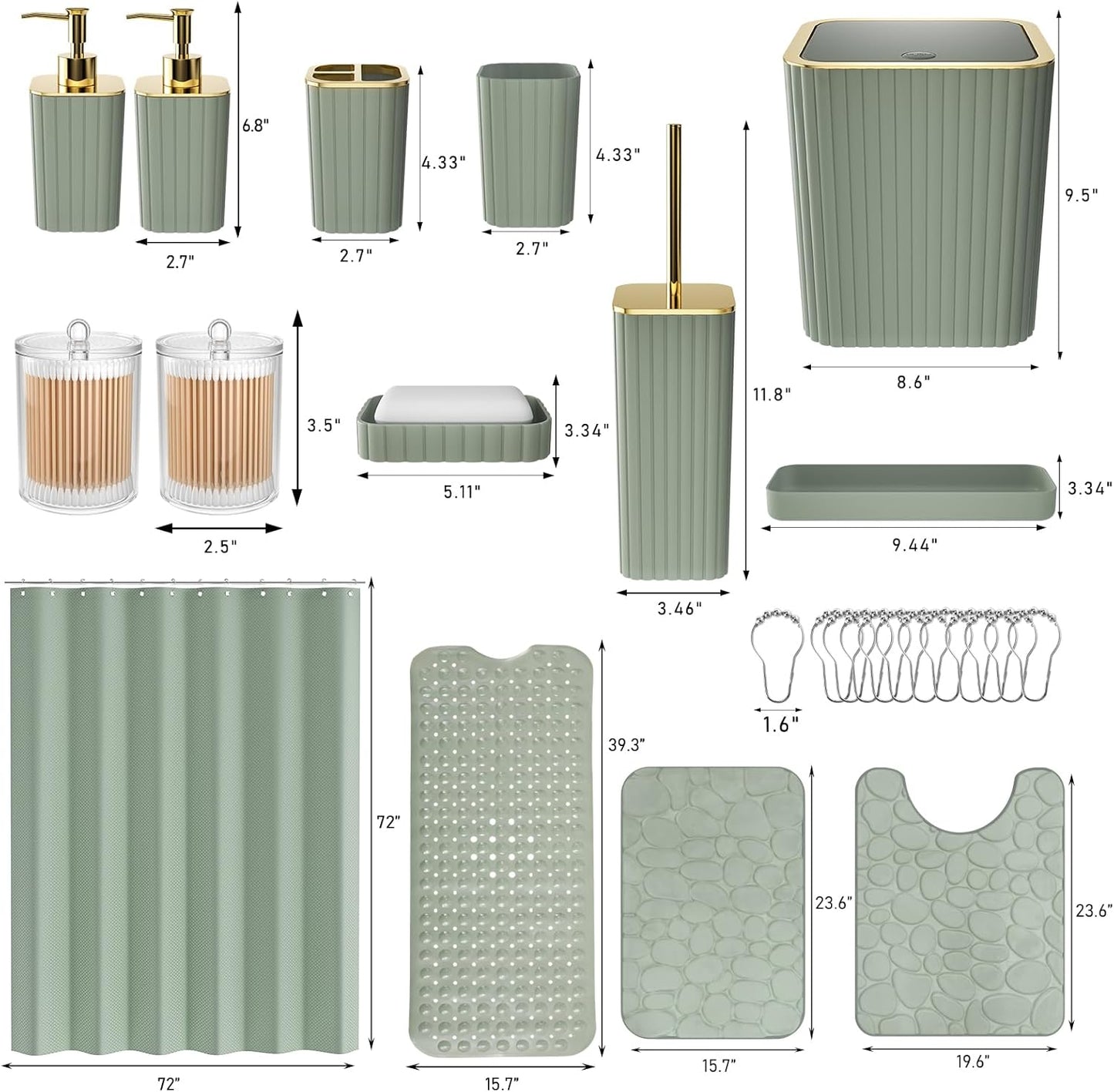 26PC Bathroom Accessories Set - Gorgeous Sage Green Bathroom Set, Bathroom Accessory Set, Shower Curtain Set with Bathtub Mats for Shower Tub, Trash Can & Soap Dispenser