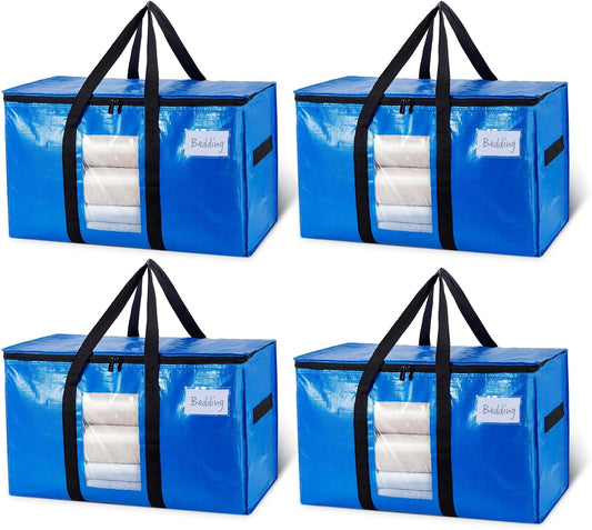 TAILI Extra Large Moving Bags, 4 Pack Blue Heavy Duty Totes For Storage with Visible Window, Wrap Around Handles, Storage Bags for Space Saving, Alternative to Moving Boxes