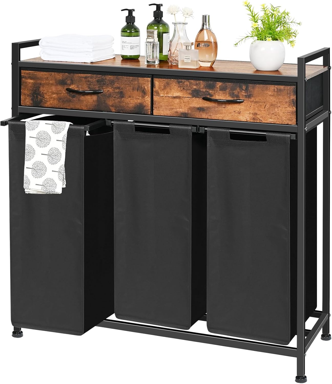 Laundry Sorter 3 Section, 180L Laundry Hamper Basket with Shelf and 2 Drawers, 3 Compartment Clothes Storage Organizer Cart, Pull-Out Removable Oxford Fabric Bags, Rustic Brown and Black