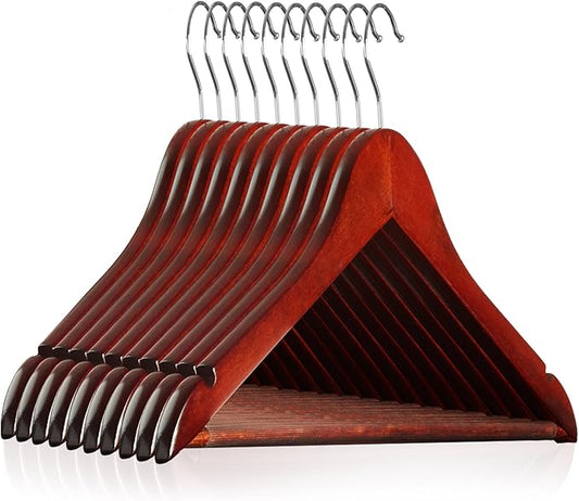 Casafield - 10 Cherry Wooden Suit Hangers - Premium Lotus Wood with Notches & Chrome Swivel Hook for Dress Clothes, Coats, Jackets, Pants, Shirts, Skirts