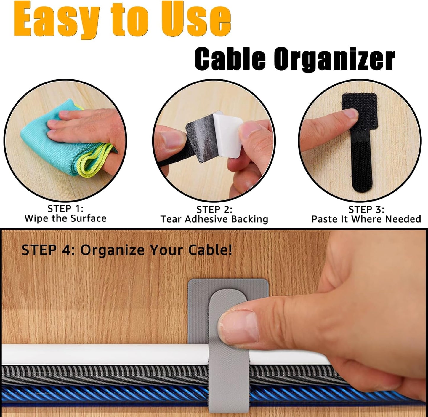 80PCS Hook and Loop Cable Straps, Cable Management Under Desk, Self Adhesive Cable Ties, Reusable Wire Organizers for Cords, Adjustable Cord Organizers for Desk, Home Office Essentials, Gray