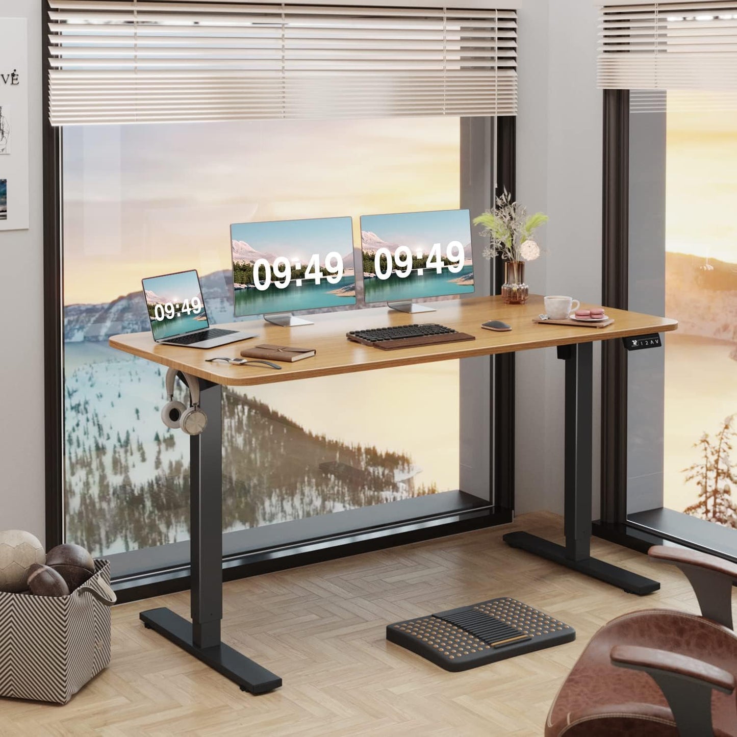 Furmax Electric Height Adjustable Standing Desk Large 55 x 24 Inches Sit Stand Up Desk Home Office Computer Desk Memory Preset with T-Shaped Metal Bracket, Maple