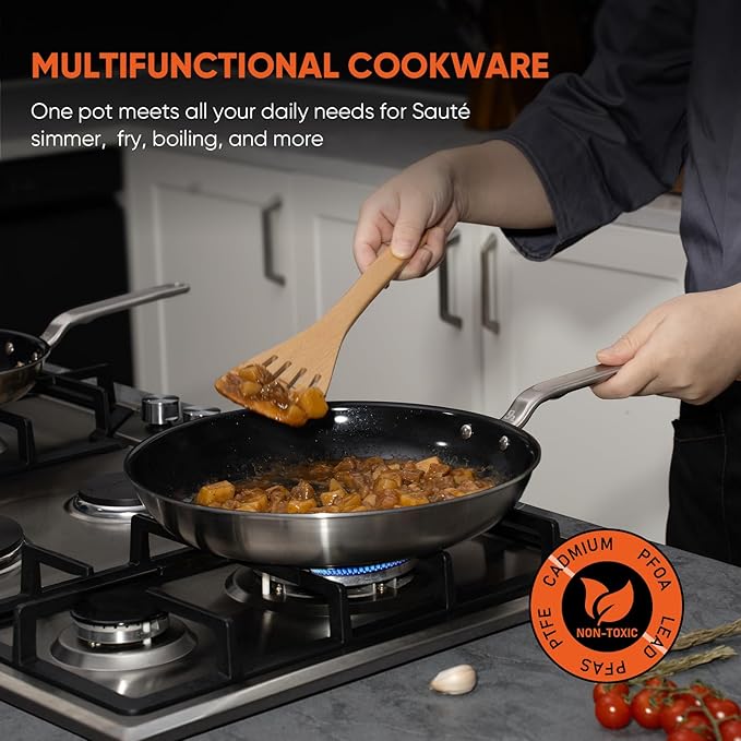 12 Inch Ceramic Non Stick Frying Pans - 5 Ply Stainless Clad Nonstick Skillet, Toxic, PTFE & PFOA FREE, Professional Cookware for Induction, All Stoves and Oven up to 650°F