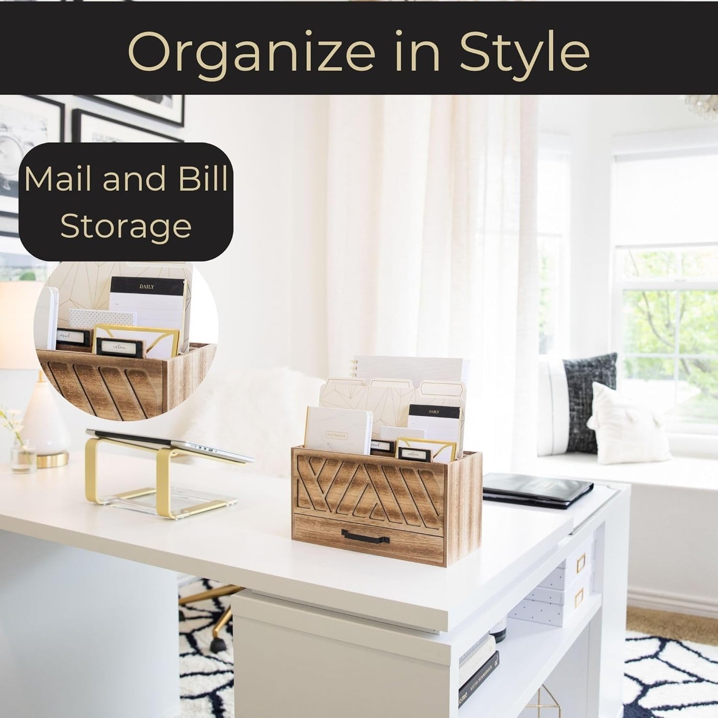 BLU MONACO Natural Wood Desktop Mail Organizer – Three-Tiered with Gold Label Holders and Drawer – Stylish Mail Holder and Countertop Document Storage for Home or Office