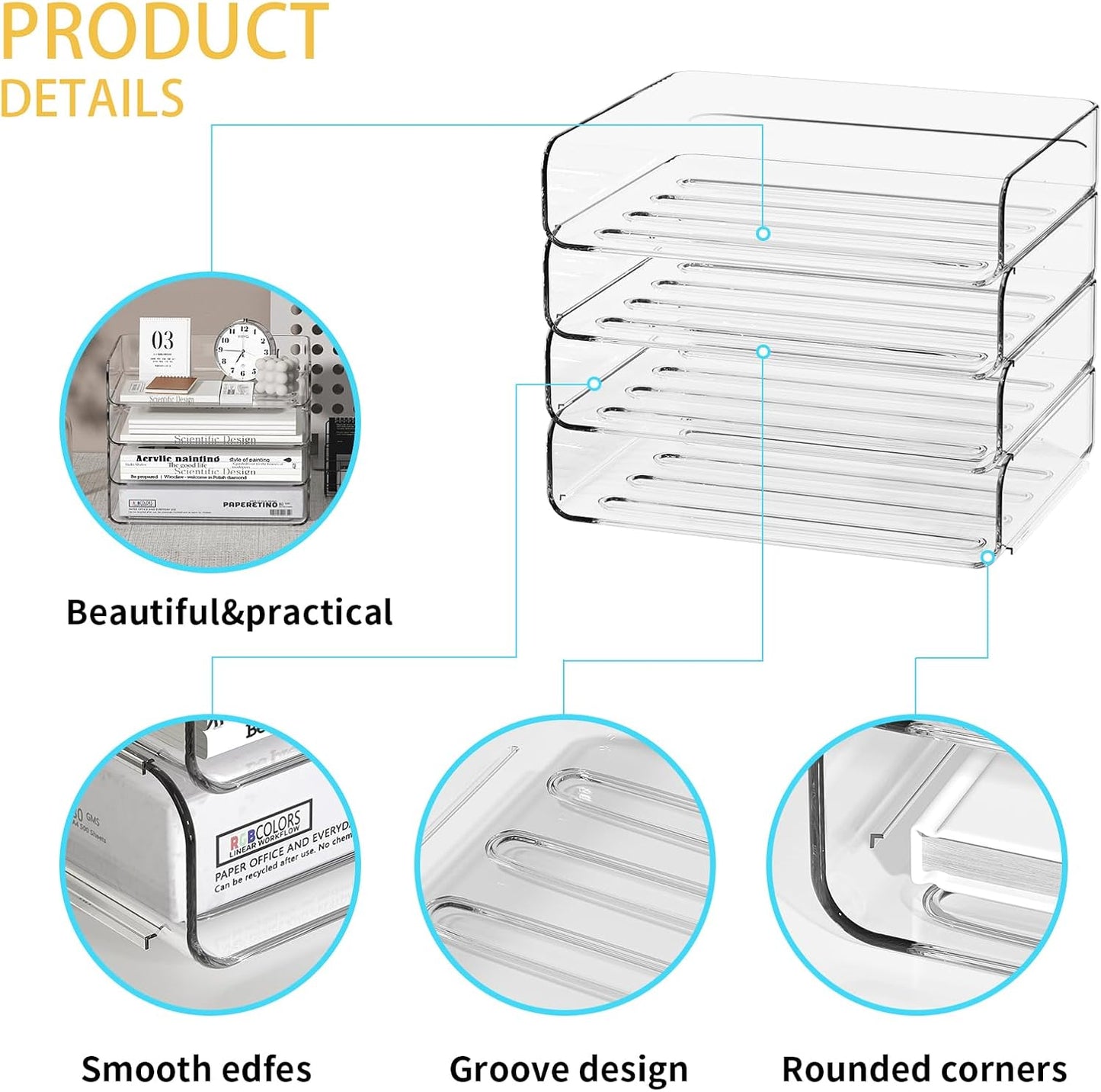 4-Tier Acrylic Paper Tray Organizer - Low-Profile Desk File Sorter for Office/Home, Clear Stackable Letter Tray for Bills, Crafts, Notebooks