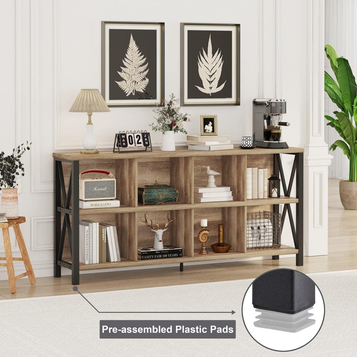 FATORRI 8 Cube Storage Organizer Bookshelf, Rustic Wood Cubby Bookcase, Industrial Horizontal Long Shelf for Living Room (Rustic Oak, 62 Inch)