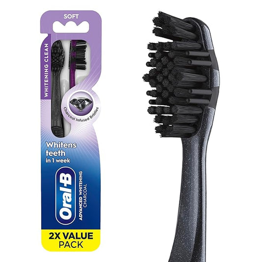 Oral-B 3D White Charcoal toothbrush, 2 count SOFT manual tootbrush pack, Whitens teeth, removes plaque and stains, tongue scraper tooth brush