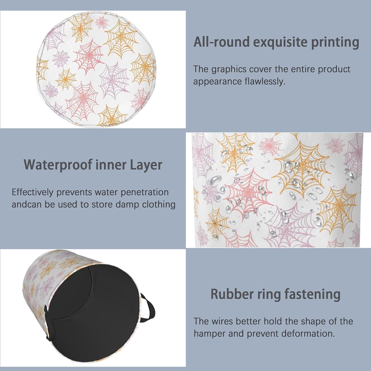 Colorful Spider Web Laundry Basket,Halloween Foldable with Handles Tote Bag Oxford Cloth for Bathroom Bedroom Dirty Clothes Storage Bucket 16" x 20.8"