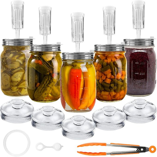 Artcome 28 Pcs Fermentation Kit-5 Stainless Steel Fermentation Lids, 5 Glass Weights, 5 Airlocks, 6 Silicone Rings, 6 Silicone Grommet, 1 Silicone Tong for Wide Mouth Mason Jar(Jars Not Included)