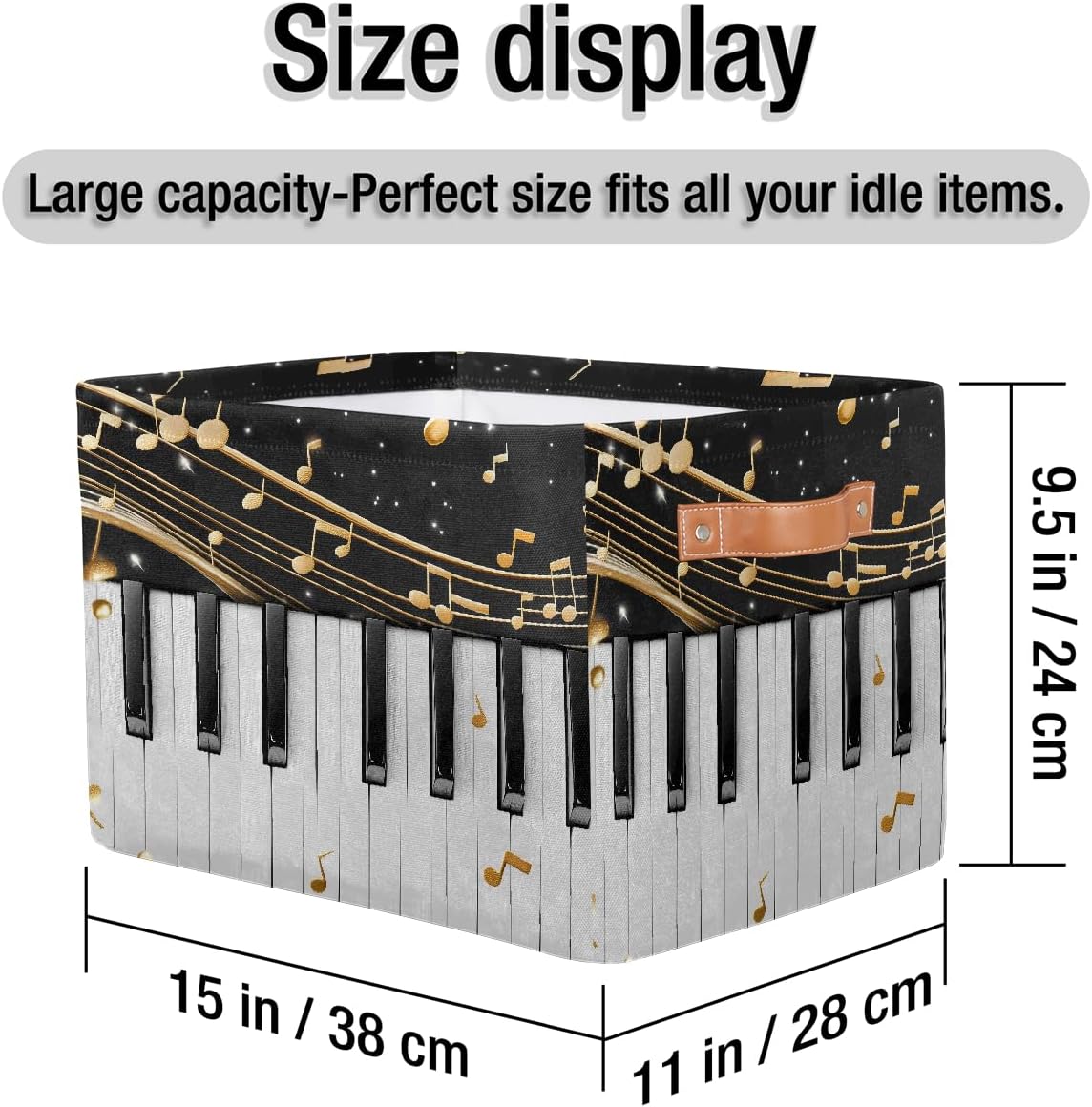 Music Notes Storage Basket for Shelves, Storage Bins with Handles, Collapsible Basket for Organizing, Closet Toy Baskets for Nursery Room, 15x11x9.5 in, Canvas, Musical Piano