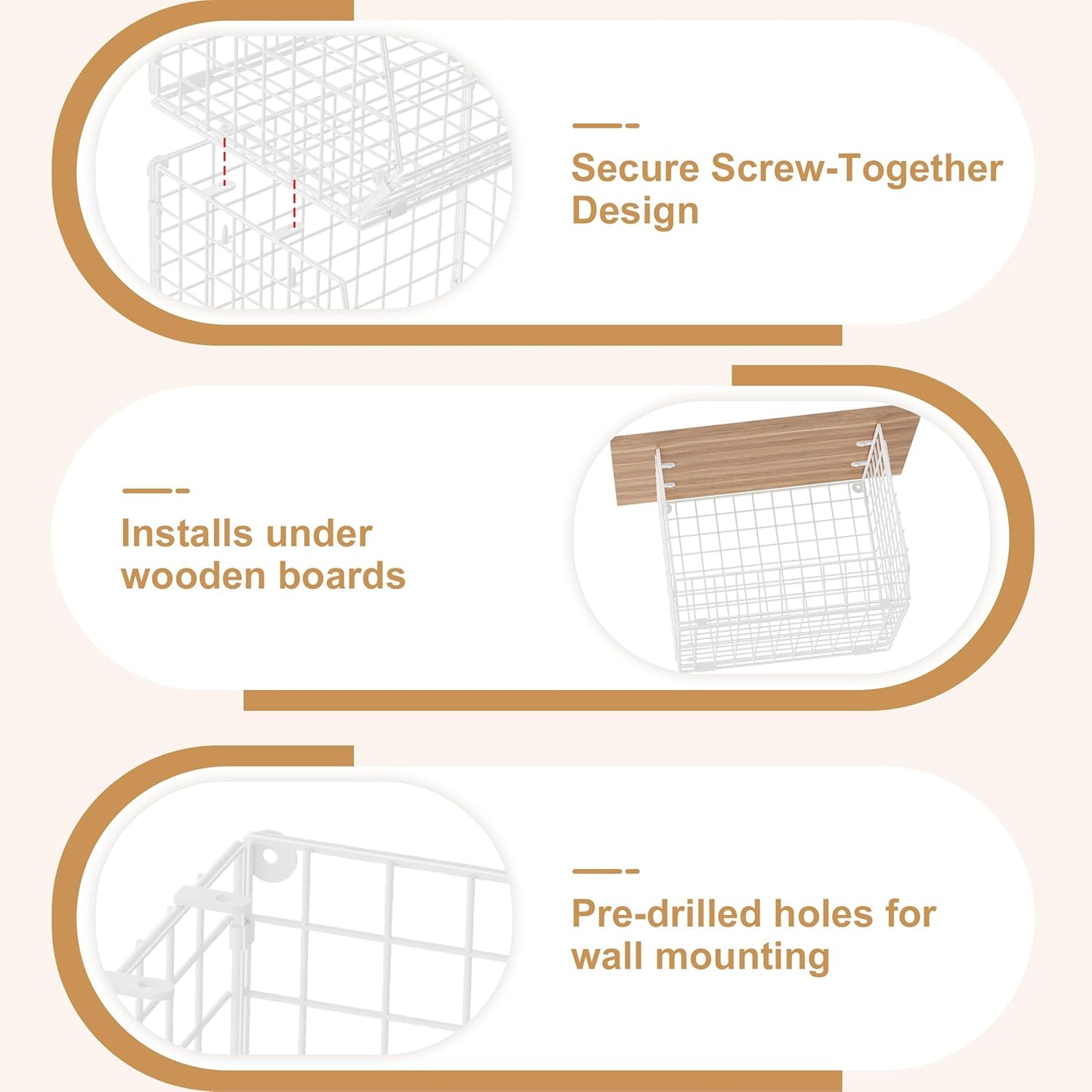 Sonyabecca 3 Pack Under Shelf Laundry Room Organizer: Foldable Wall Mounted Wire Basket Space Saving Over The Washer and Dryer Shelves - Laundry Organization and Storage, White Patent