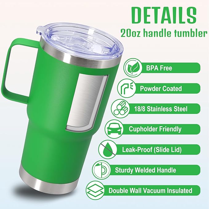 20 oz Tumbler with Handle and Lid, Stainless Steel Tumbler Insulated Travel Coffee Mug, Spill Proof Double Wall Vacuum Tumbler Cup Keep Drink Hot & Cold, Green, 6 Pack