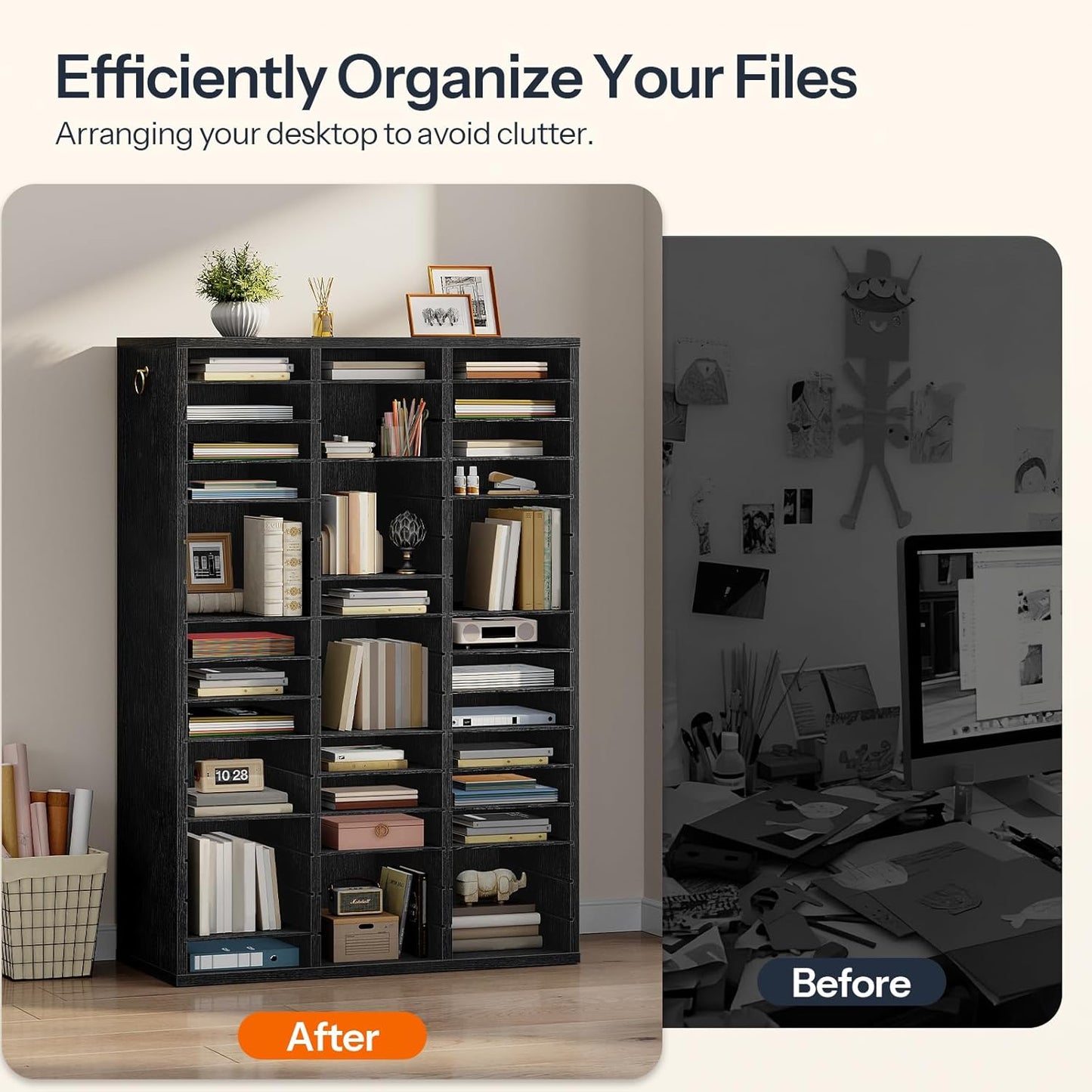 HOOBRO Literature Organizer, 48 Compartments Wooden Mail Organizer, Countertop Literature Sorter with Adjustable Shelves for Home, Office, School, Student Mailbox for Classroom, Black BK163WF01